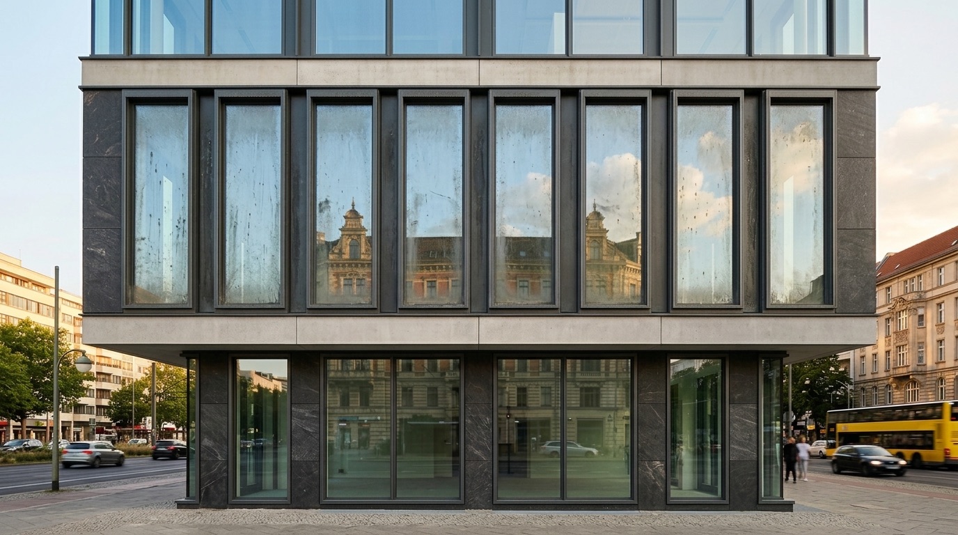 Vorher: Stadtschmutz auf Bürofenstern